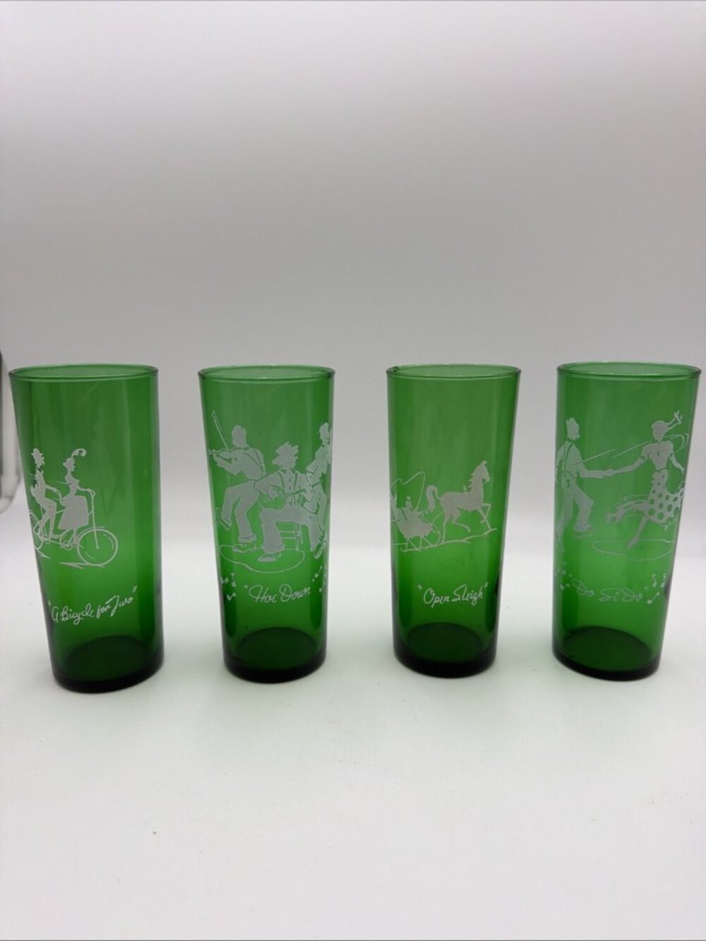 4‎ ANCHOR HOCKING GREEN DRINKING GLASSES MCM Various Scenes Highball 6.5”